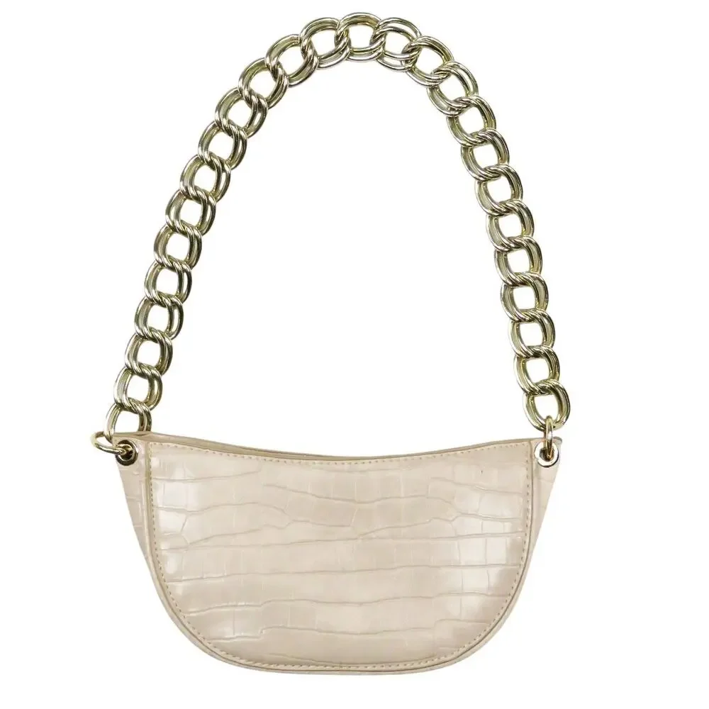 Zara Cream Croc Leather Shoulder Bag with Chunky Gold Chain Baguette Bag